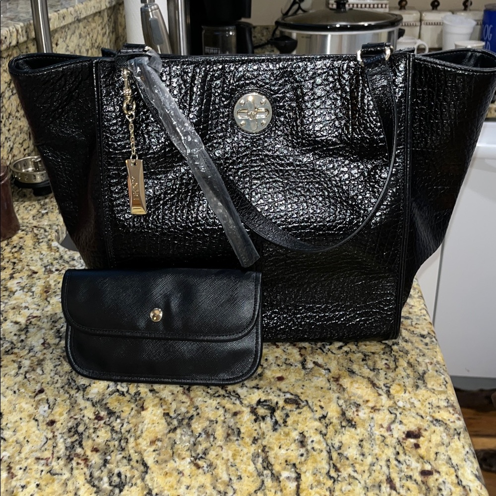 DKNY Black Textured Leather Tote and Pouch Set